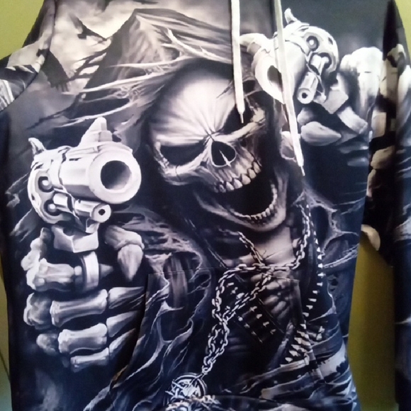 Mens XXL Black Skeleton All Over Graphic Sweatshirt Hooded Pocketed Halloween - Picture 3 of 4